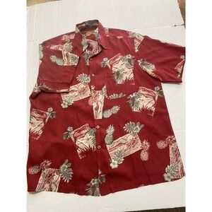 Caribbean Men's L Red Silk Blend Tropical Hawaiian Pineapple Short Sleeve Shirt